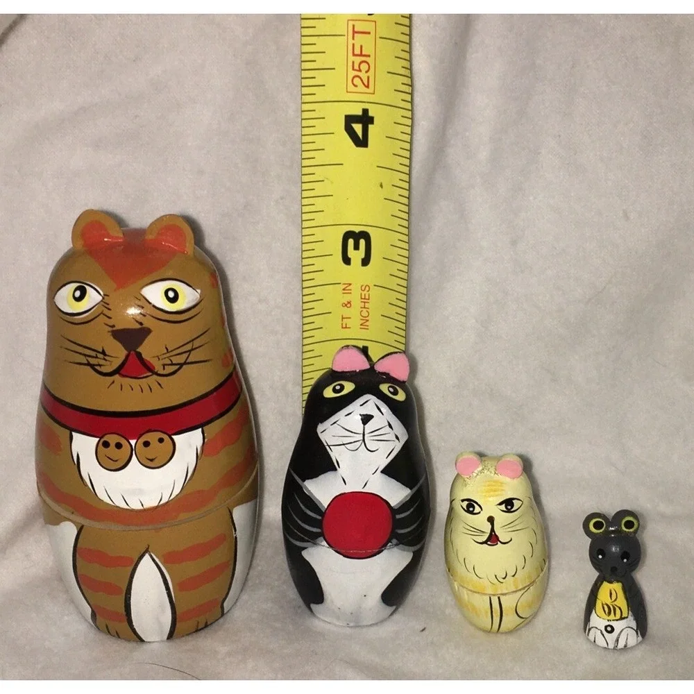 Cats Nesting Dolls Set of 4 Wood Kittens Mouse Russian